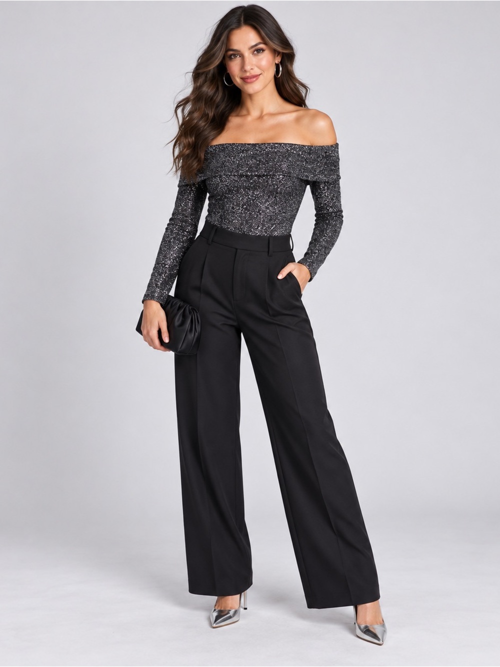 Zara Off-Shoulder Sparkle Bodysuit in Black and Silver